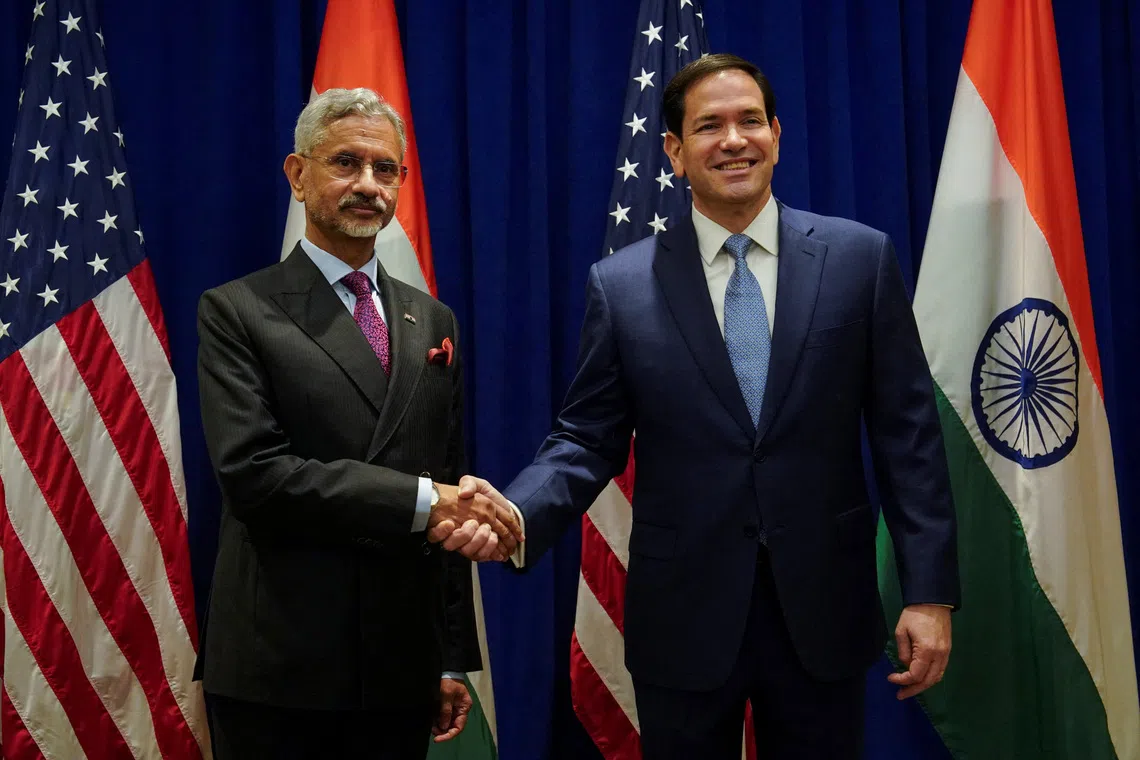Indian External Affairs Minister S. Jaishankar meets with U.S. Secretary of State Marco Rubio at the Lotte New York Palace Hotel on the sidelines of the 80th United Nations General Assembly in New York City, U.S., September 22, 2025. REUTERS/Bing Guan/Pool
