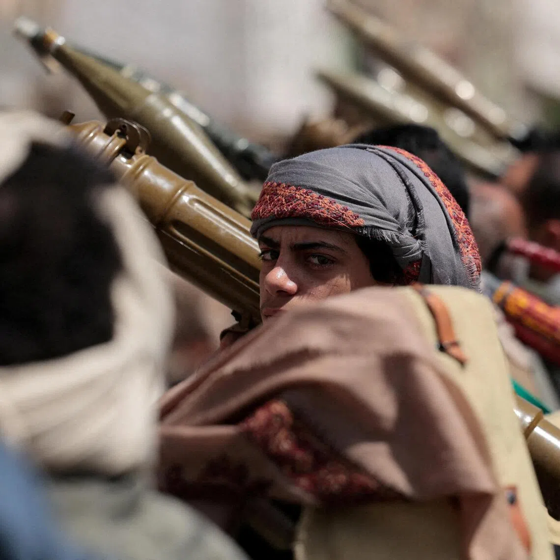 A Houthi follower looks on, during a pro-Iran demonstration in Sanaa, Yemen, in April 2026.