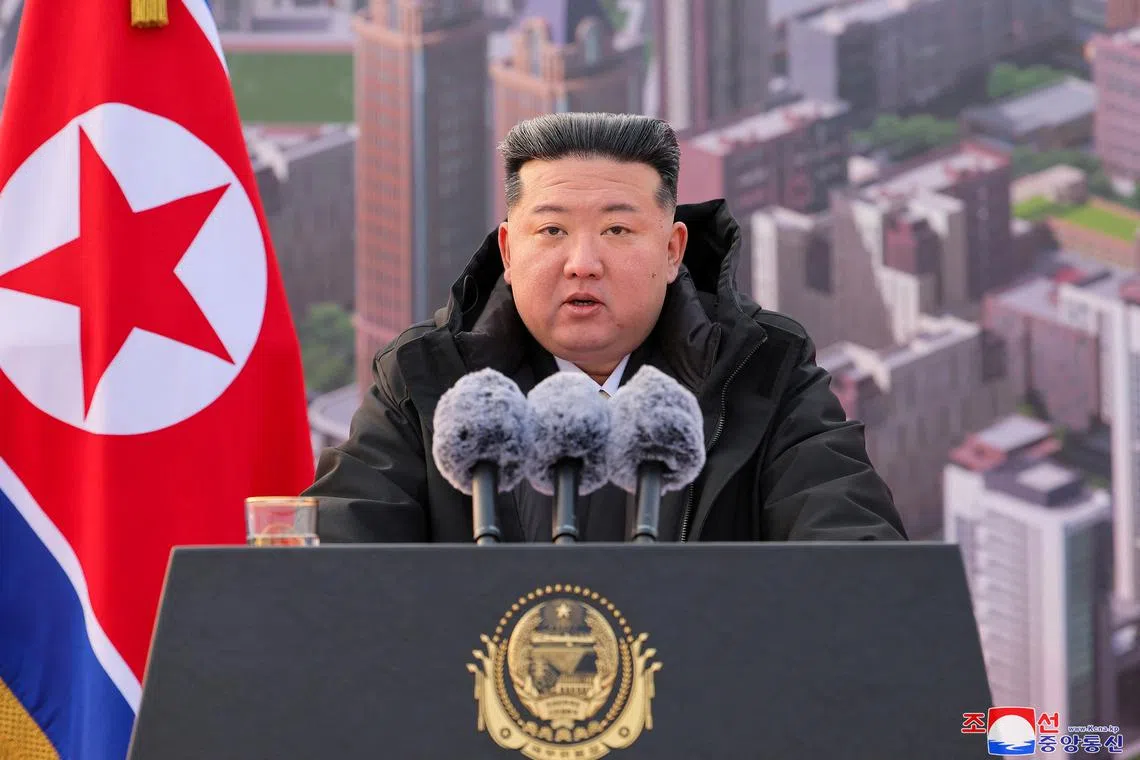 FILE PHOTO: North Korean leader Kim Jong Un speaks during the groundbreaking ceremony for building flats at the fourth stage in the Hwasong area, Pyongyang, North Korea, February 16, 2025,  in this picture released by the Korean Central News Agency. KCNA via REUTERS/File Photo