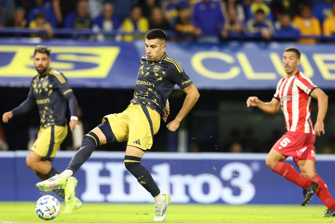 Boca Juniors midfielder Rodrigo Battaglia scoring the only goal in their Argentine  Apertura tournament match against Barracas Central at La Bombonera stadium in Buenos Aires on April 6, 2025.