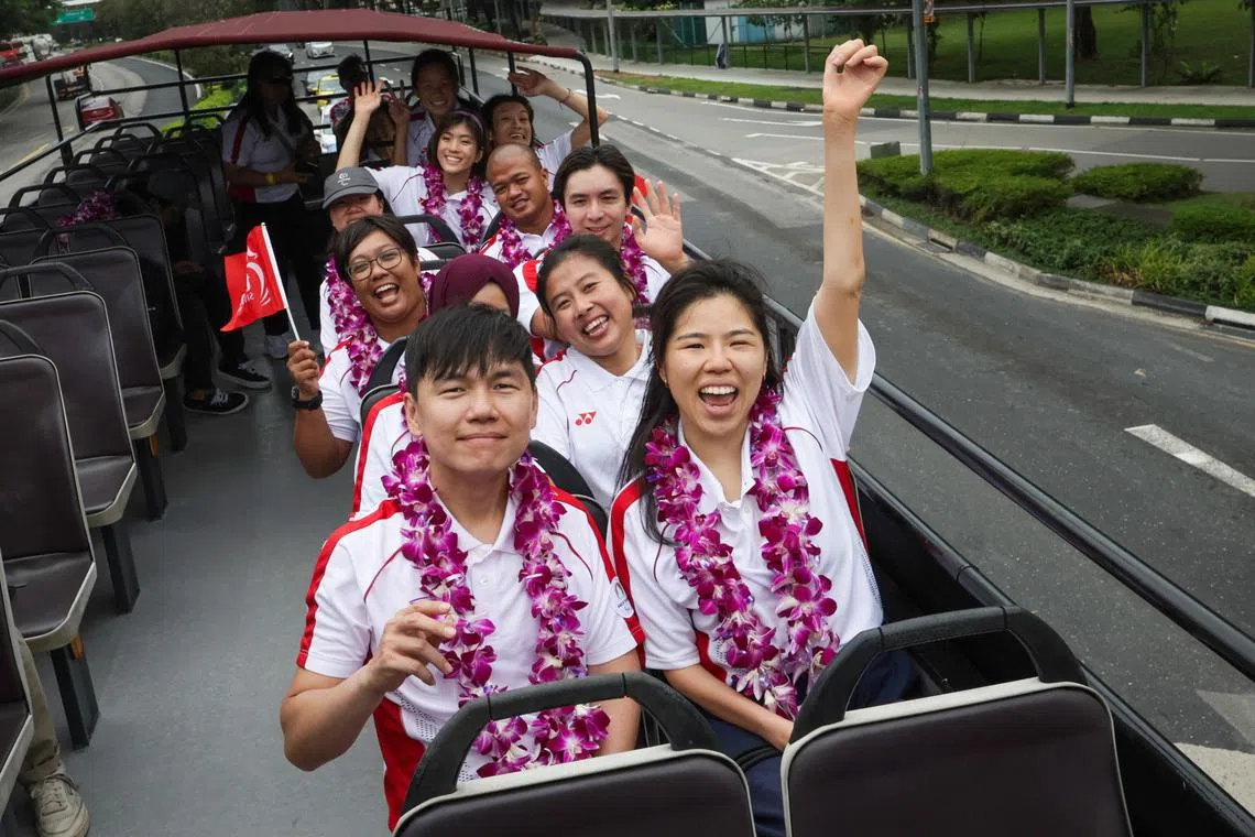 dgpara14
One Team Singapore Celebratory Parade for Paris 2024 Paralympians.
The parade made its way through the heart of the city, allowing the public to cheer on our Team Singapore Paralympians at four designated cheer points as they journeyed on an open-top bus, Sept 14, 2024.