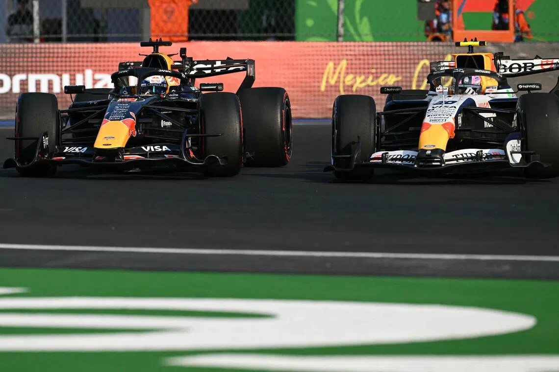 Red Bull’s Max Verstappen (left) and Racing Bulls’ Liam Lawson racing during the second practice session of the Mexico City Formula 1 Grand Prix on Oct 30.