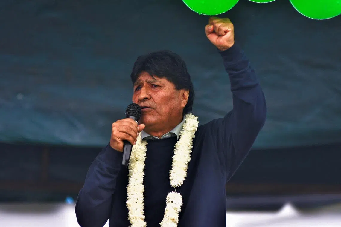 FILE PHOTO: Former Bolivian President Evo Morales gestures during an event at which he proclaims himself as a candidate for the presidency in the 2025 elections, in Cochabamba, Bolivia, April 19, 2025. REUTERS/Patricia Pinto/File Photo