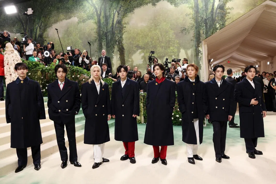 Bang Chan, Han, Felix, Seungmin, Hyunjin, I.N, Lee Know and Changbin of Stray Kids at the Met Gala in New York City in May. 