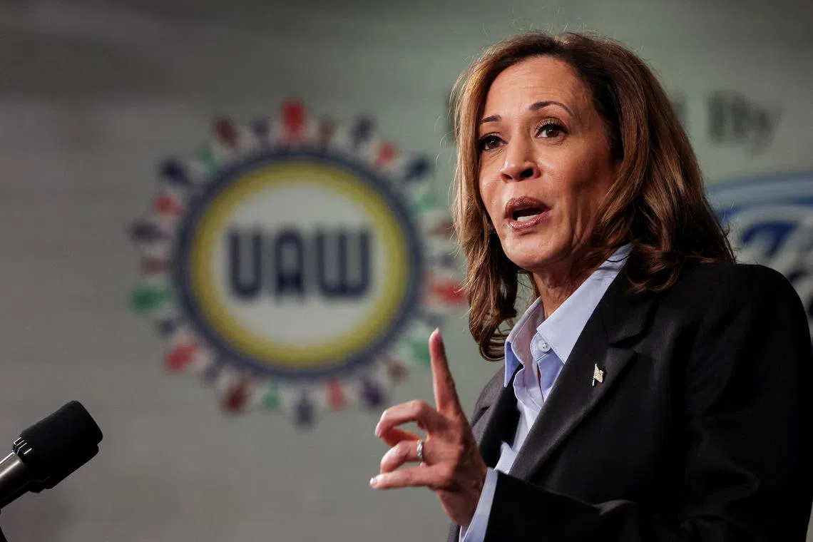 FILE PHOTO: Democratic presidential nominee and U.S. Vice President Kamala Harris speaks at North Western High School in Detroit, Michigan, U.S., September 2, 2024. REUTERS/Brendan McDermid/File Photo