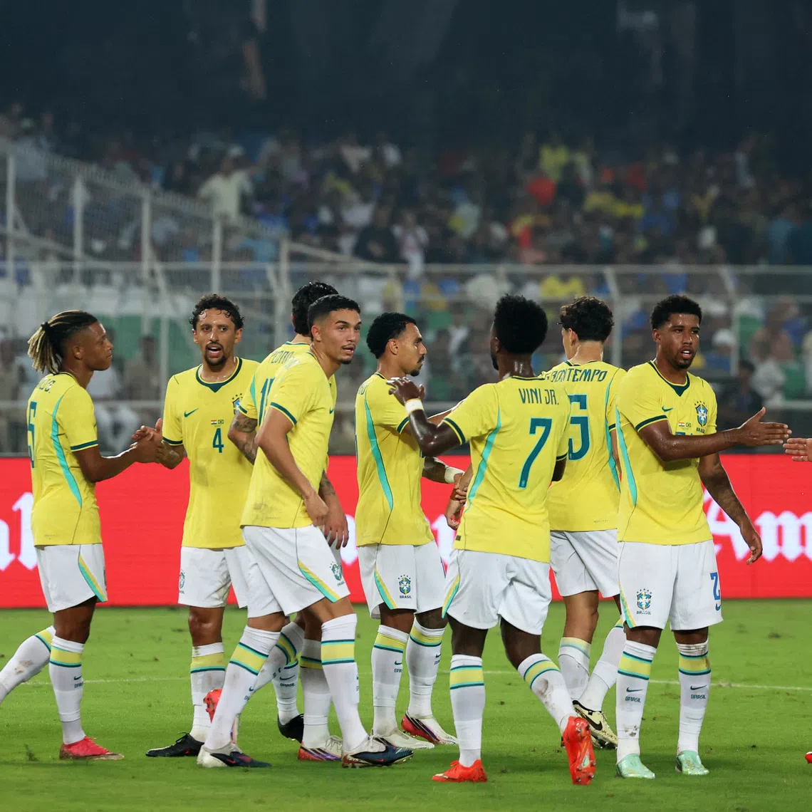 Soccer Football - International Friendly - India v Brazil - Salt Lake Stadium, Kolkata, India - October 3, 2026 Brazil's Estevao celebrates scoring their first goal with teammates REUTERS/Sahiba Chawdhary