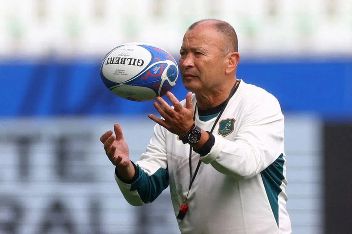 FILE PHOTO: Rugby Union - Rugby World Cup 2023 - Australia Training - Stade Geoffroy-Guichard, Saint-Etienne, France - September 30, 2023 Australia head coach Eddie Jones during training REUTERS/Paul Childs/File Photo