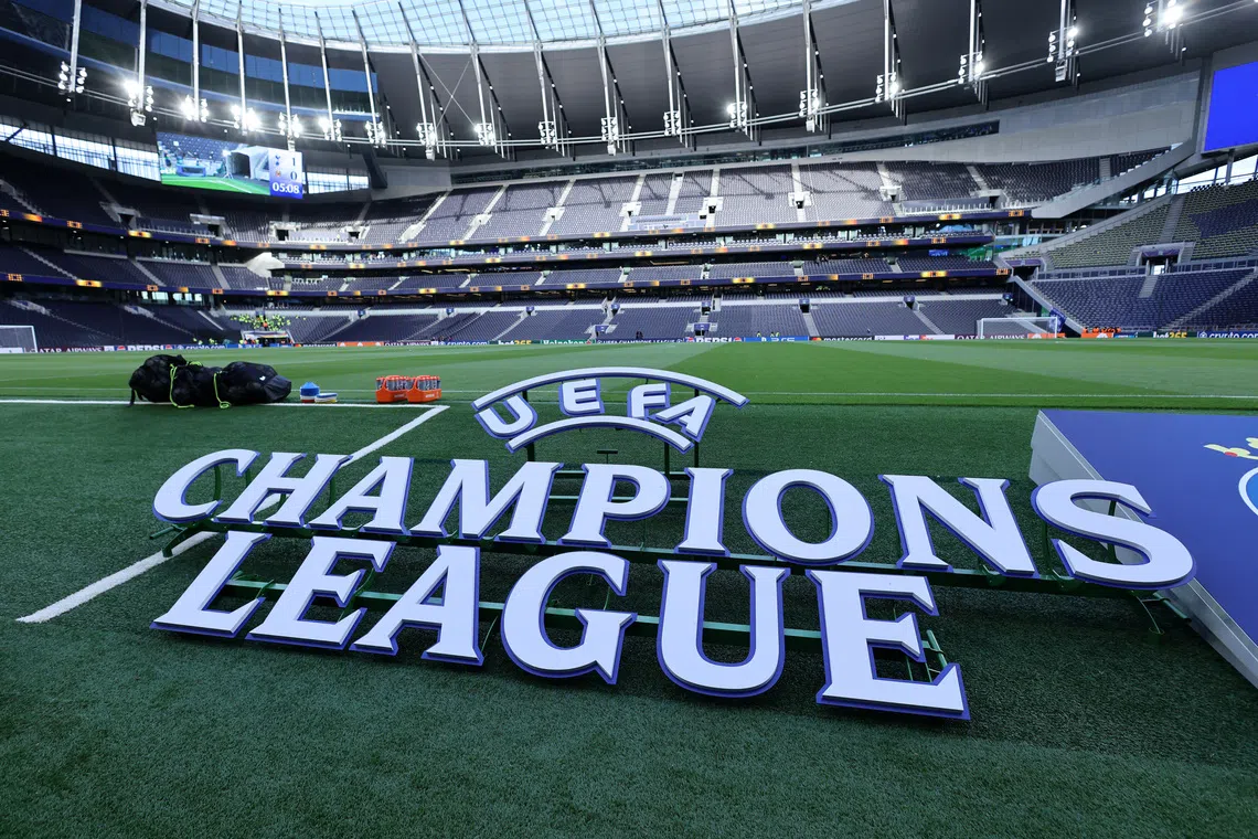 Soccer Football - UEFA Champions League - Tottenham Hotspur v Villarreal - Tottenham Hotspur Stadium, London, Britain - September 16, 2025 The UEFA Champions League logo is pictured inside the stadium before the match REUTERS/David Klein
