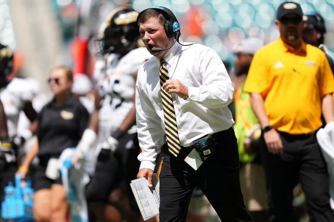 FILE PHOTO: Sep 10, 2022; Miami Gardens, Florida, USA; Southern Miss Golden Eagles head coach Will Hall reacts during the first half against the Miami Hurricanes at Hard Rock Stadium. Mandatory Credit: Jasen Vinlove-USA TODAY Sports/File Photo