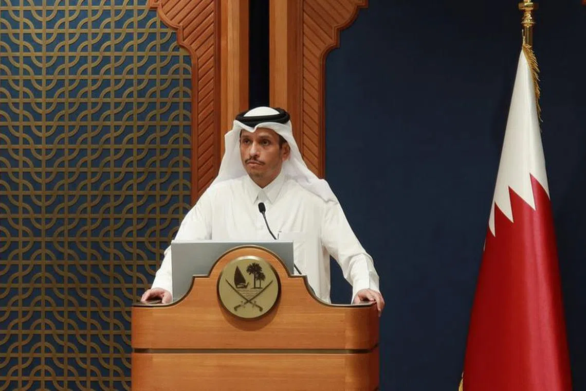 Qatar's Prime Minister and Foreign Minister Sheikh Mohammed bin Abdulrahman Al Thani attends a joint press conference with French Foreign Minister Catherine Colonna (not pictured) at the Amiri Diwan, in Doha, Qatar November 5, 2023. REUTERS/Imad Creidi/File Photo