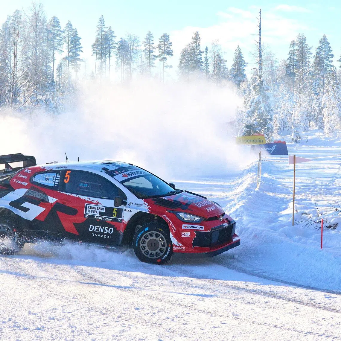 FILE PHOTO: Sami Pajari, Finland, with co-driver Marko Salminen, Finland, compete in their Toyota GR Yaris Rally1 during Bygdsiljum 2 during Rally Sweden, the second round of the FIA World Rally Championship in Umea, Sweden, February, 14, 2026. TT News Agency/Peo Moller/via REUTERS/File Photo