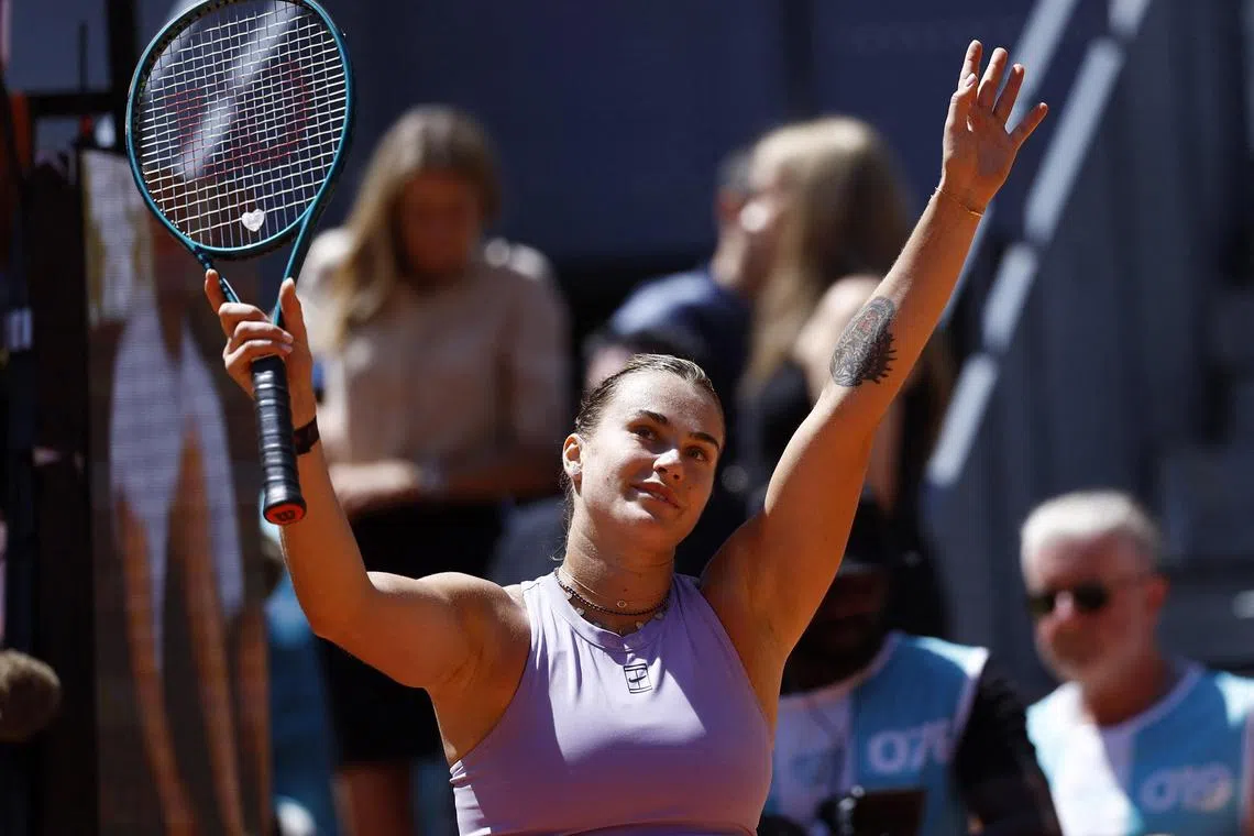 Aryna Sabalenka celebrates her 6-3, 6-4 win over Anna Blinkova.