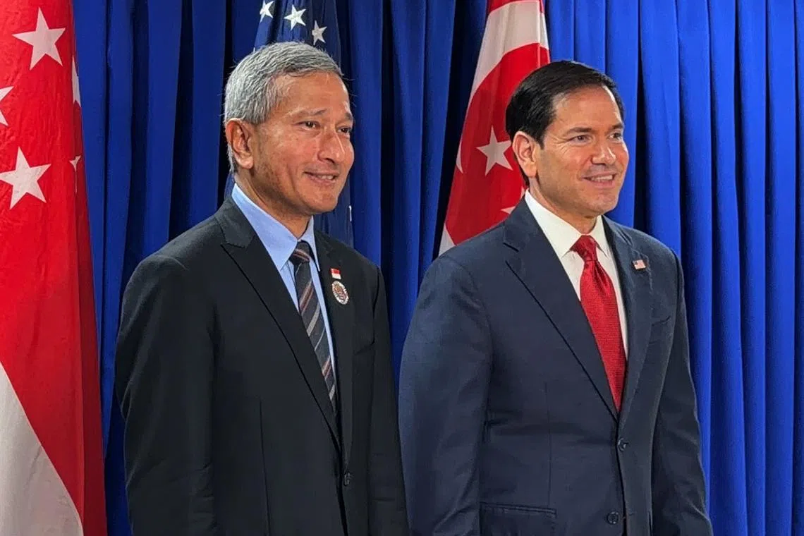 Foreign Minister Vivian Balakrishnan with US Secretary of State Marco Rubio before their bilateral meeting on the sidelines of the ASEAN Foreign Ministers’ Meeting in Manila on July 23.