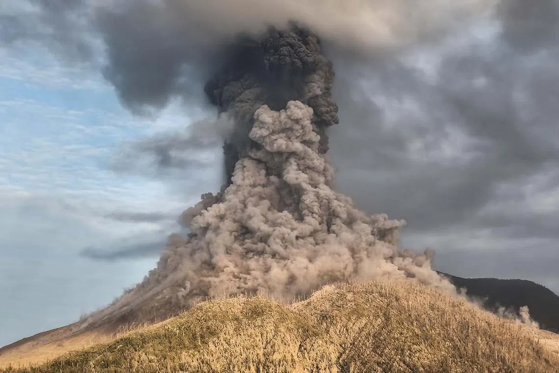Mount Lewotobi Laki-Laki erupting as seen from Pululera village, East Nusa Tenggara, Indonesia, on Aug 18, 2025. 