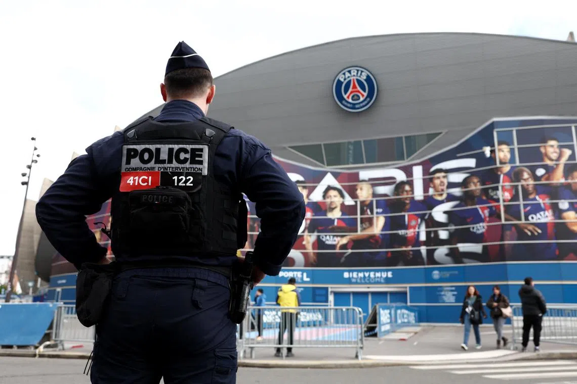 A French policeman patroling outside the Parc des Princes stadium on April 9 ahead of the Champions League quarter-final between Paris Saint-Germain and Barcelona.