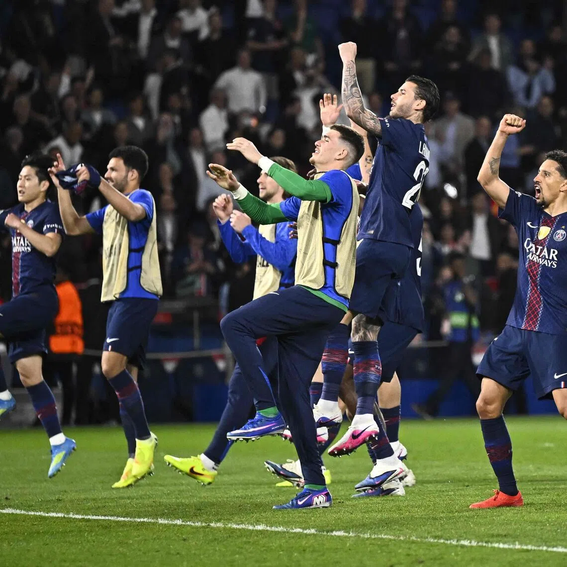 Paris Saint-Germain players celebrating their 2-0  Champions League quarter-final, first-leg win over Liverpool at the Parc des Princes in Paris on April 8, 2026. 