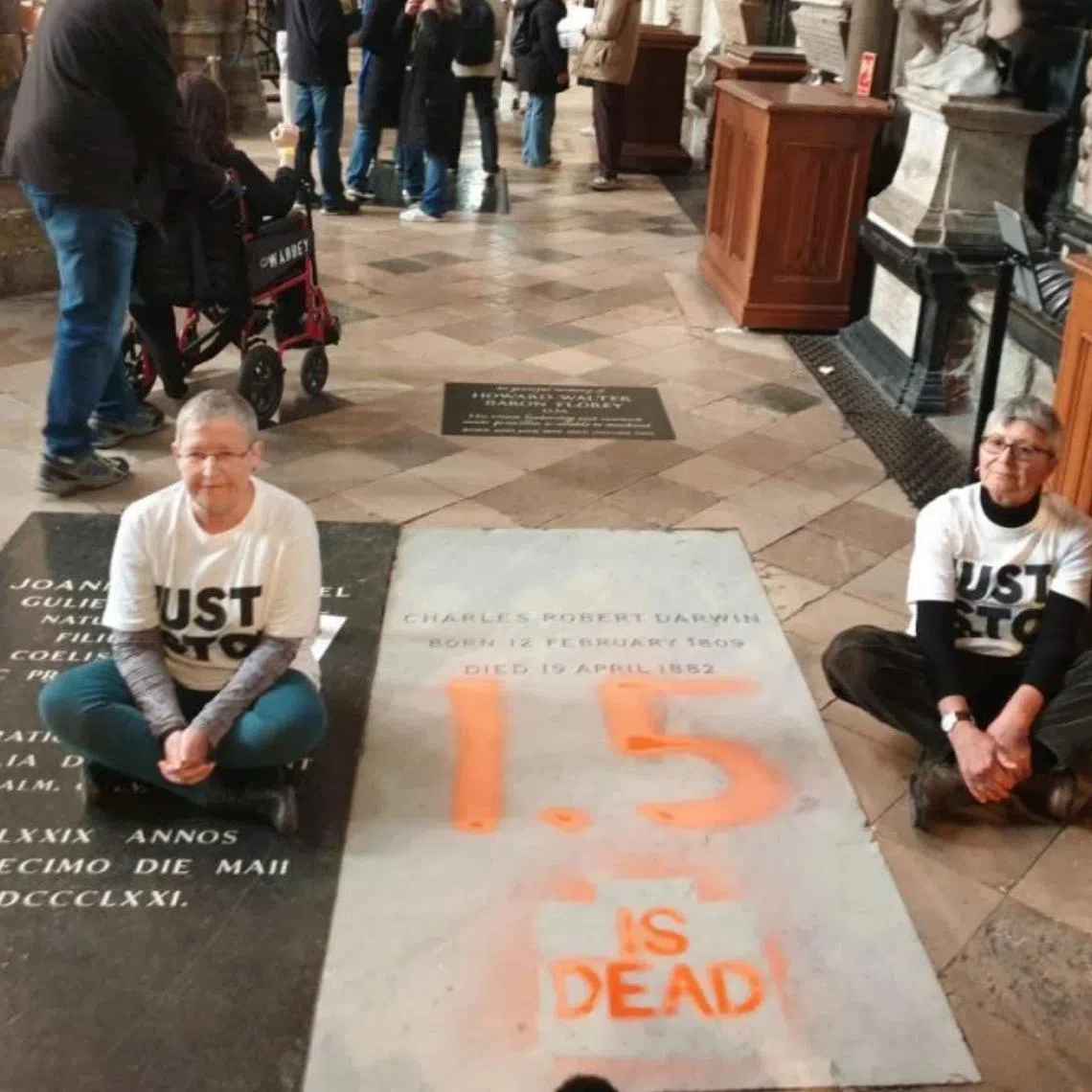Two activists entered Westminster Abbey on the morning of Jan 13 and used spray chalk on Darwin’s grave.