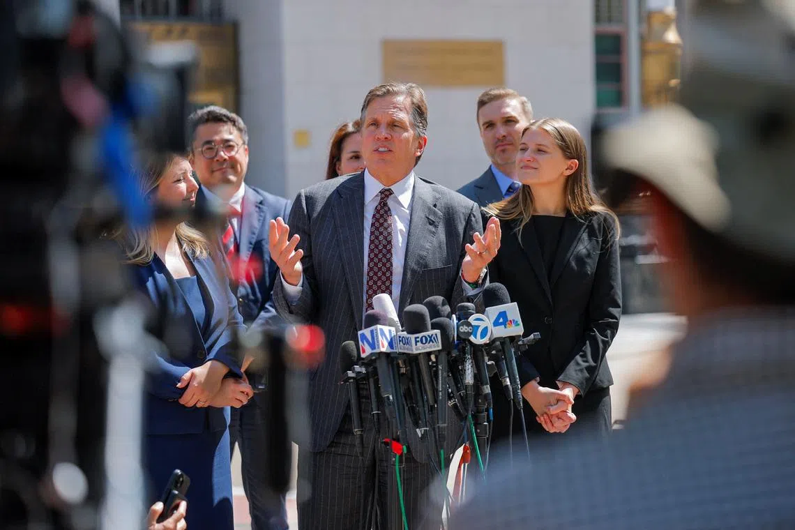Lawyer Mark Lanier, of the plaintiff Kaley G.M., speaks with the media outside the court after the jury found Meta and Google liable in a key test case accusing Meta and Google's YouTube of harming children's mental health through addictive social media platforms, in Los Angeles, California, U.S., March 25, 2026. REUTERS/Mike Blake