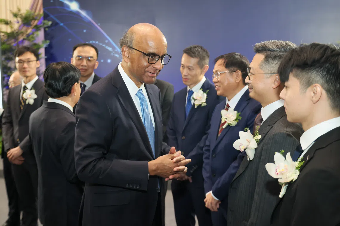 President Tharman Shanmugaratnam speaks with recipients ahead of the President’s Science and Technology Awards 2026 ceremony at Nanyang Technological University on Aug 28.