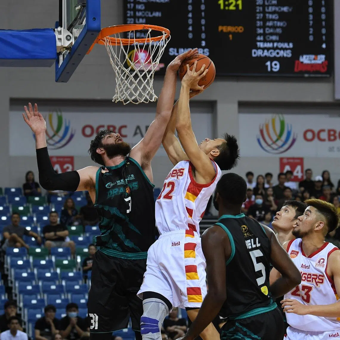 The now-dormant Singapore Slingers and Asean Basketball League generated buzz in the local basketball community, developed local players such as Kelvin Lim (with ball) and Delvin Goh, and helped the national team win bronze at the 2013 and 2015 SEA Gameas