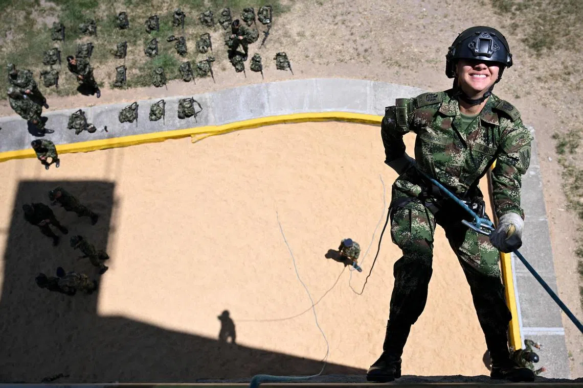 A female soldier taking part in a training for women at the Tolemaida Military Air Base in Tolemaida, Colombia, on May 16.