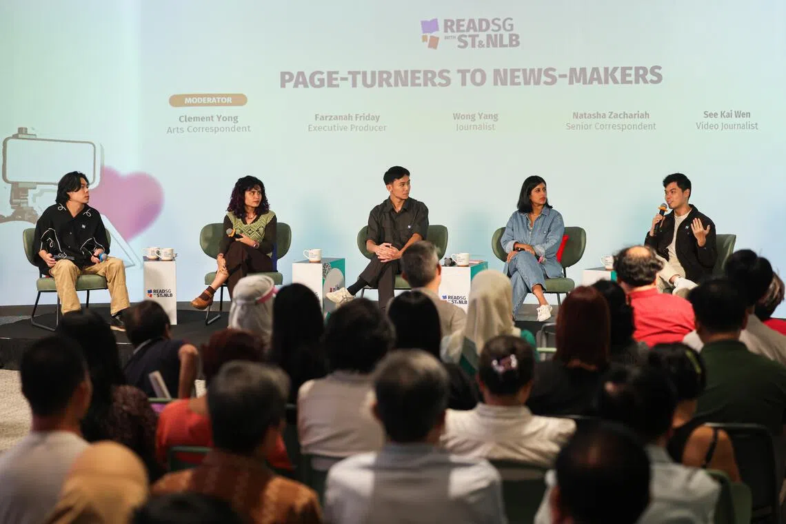 (From left) Correspondent Clement Yong, who moderated the panel, with executive producer Farzanah Friday, journalist Wong Yang, senior correspondent Natasha Zachariah and video journalist See Kai Wen at the first ReadSG With ST And NLB talk at the Central Library on Oct 29.