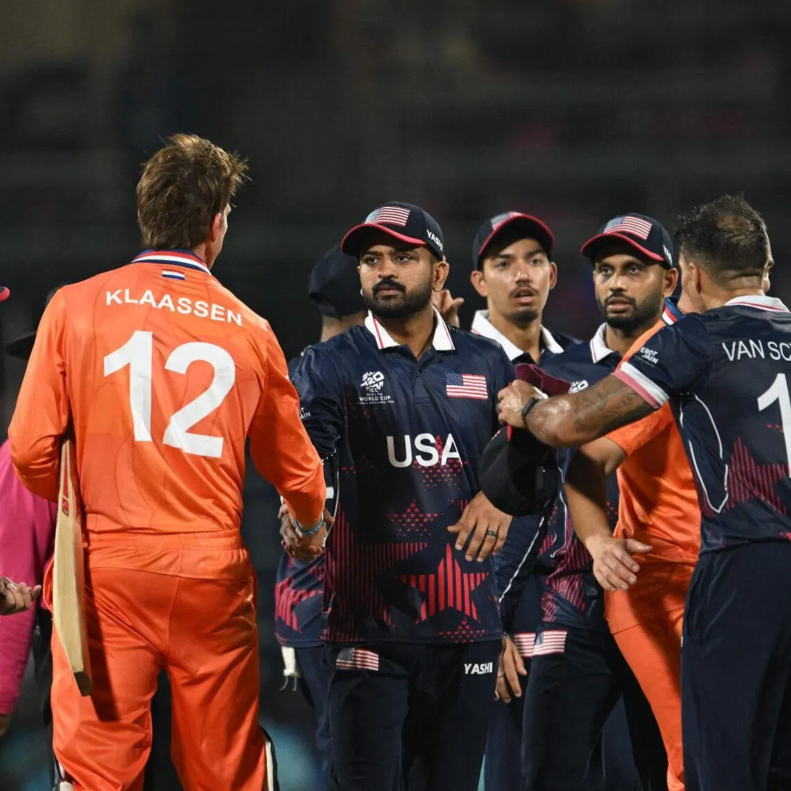 United States captain Monank Patel and the Netherlands' Fred Klaassen shake hands after their ICC Men's T20 Cricket World Cup group-stage match at M.A. Chidambaram Stadium in Chennai on Feb 13, 2026.