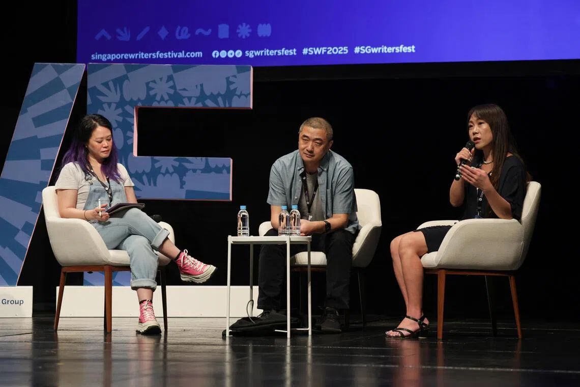 (From left) Writer Felicia Low-Jimenez moderated a conversation between science-fiction writers Ken Liu and Hao Jingfang at the Singapore Writers Festival on Nov 9. 