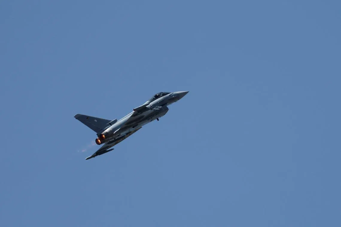 A German Air Force Eurofighter Typhoon jet during an air display at the 55th International Paris Airshow at Le Bourget Airport near Paris, France, June 18, 2025. REUTERS/Benoit Tessier/File Photo