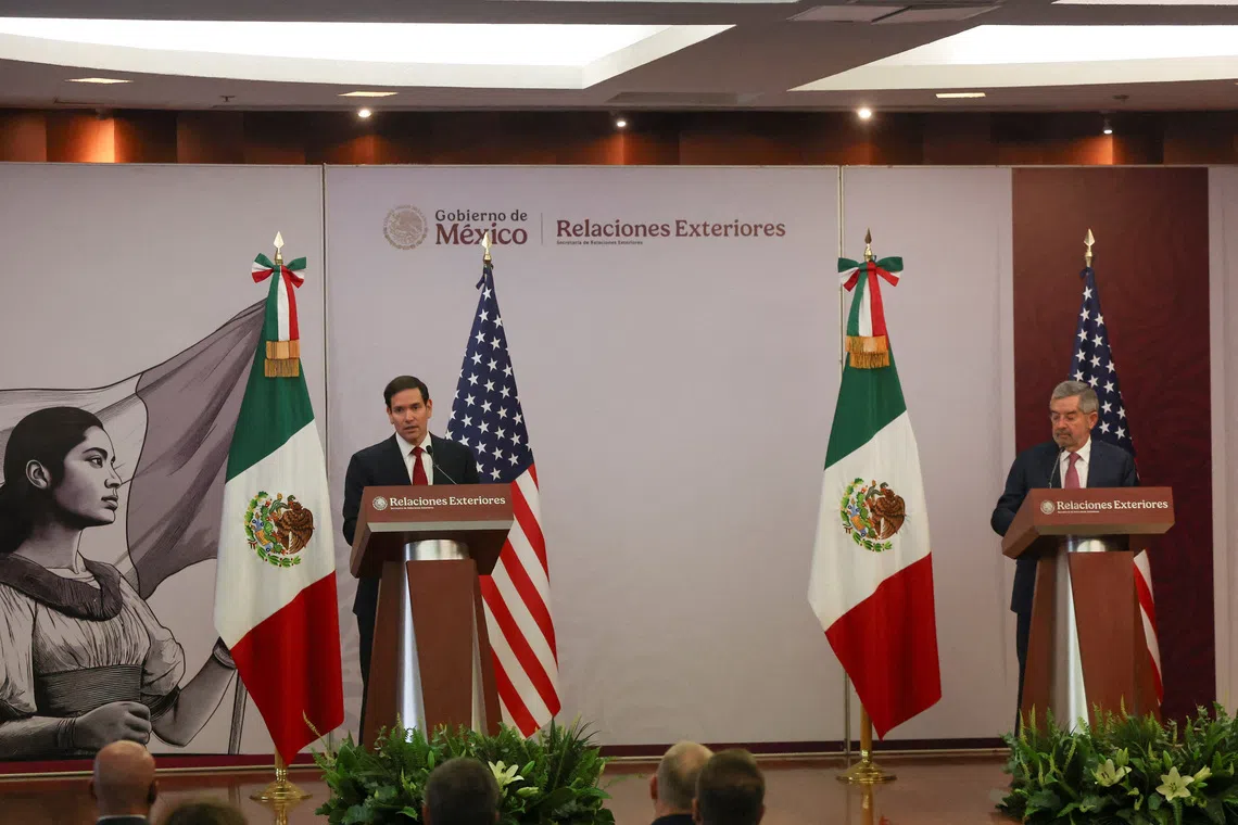 FILE PHOTO: U.S. Secretary of State Marco Rubio and Mexico's Foreign Minister Juan Ramon de la Fuente attend a press conference at the Foreign Ministry building (SRE) in Mexico City, Mexico, September 3, 2025. REUTERS/Henry Romero/File Photo