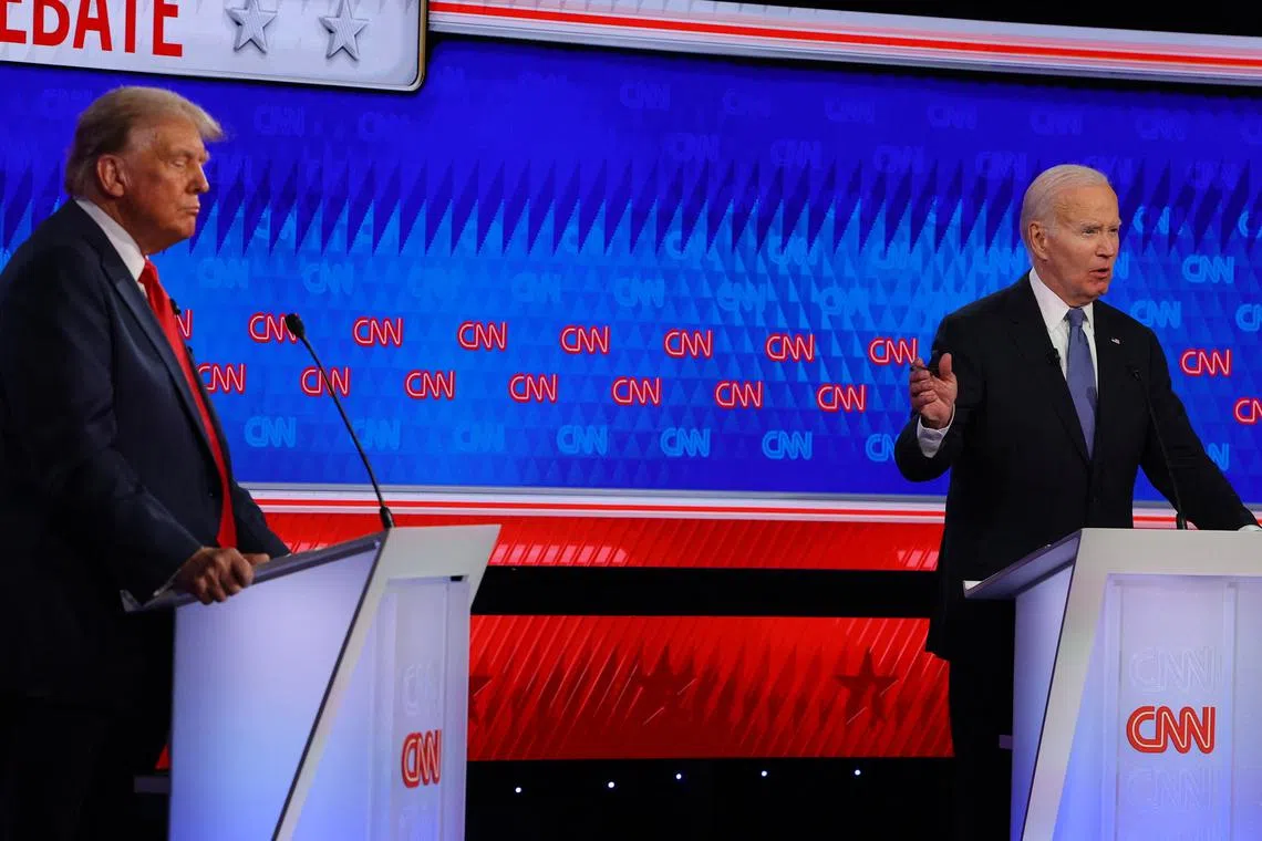 Democrat candidate, U.S. President Joe Biden, speaks during a presidential debate with Republican candidate, former U.S. President Donald Trump, in Atlanta, Georgia, U.S., June 27, 2024. REUTERS/Brian Snyder