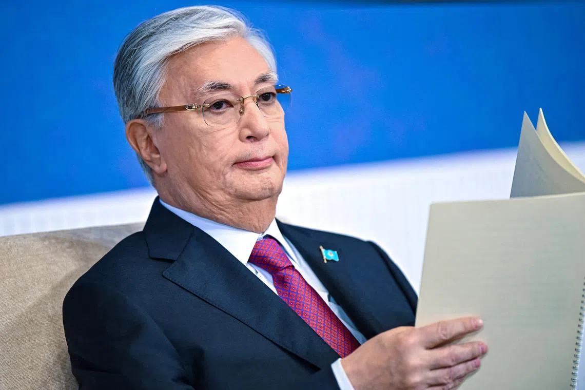 FILE PHOTO: Kazakhstan's President Kassym-Jomart Tokayev attends a plenary session of the Eurasian Economic Forum in Minsk, Belarus June 26, 2025. Sputnik/Sergey Bobylev/Pool via REUTERS/ File Photo