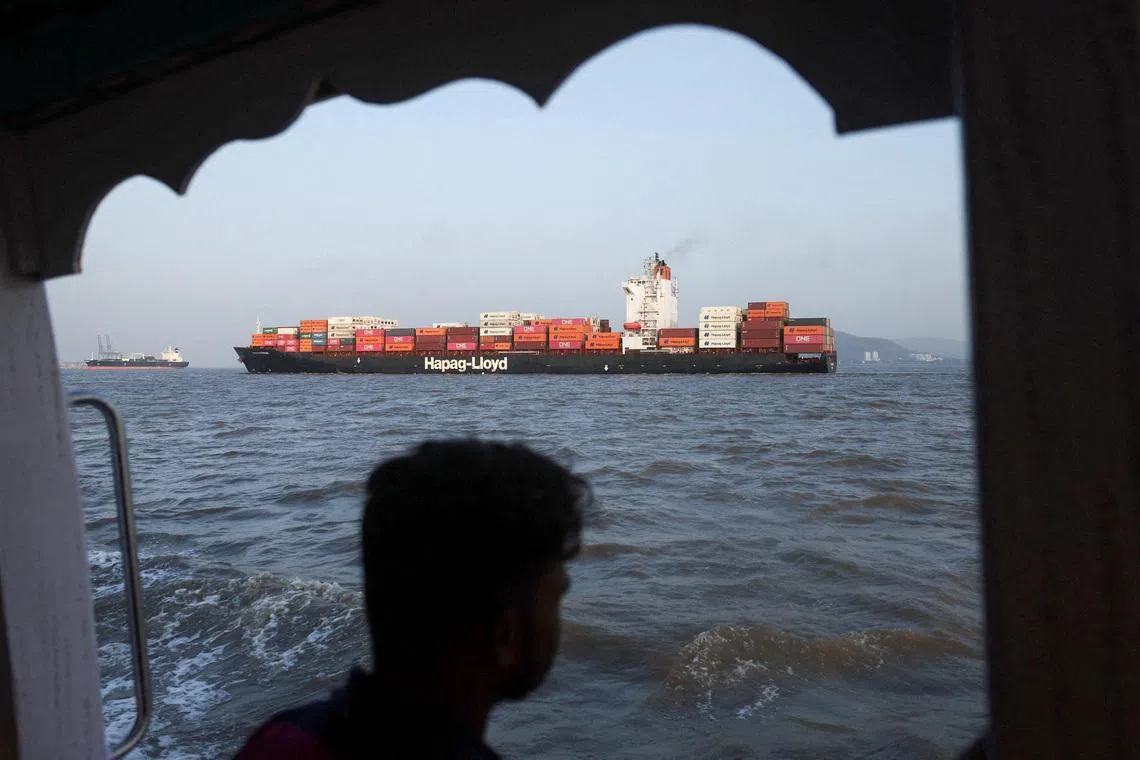 FILE PHOTO: A man looks at a container ship in the Arabian Sea off the coast of Mumbai, India, May 6, 2026. REUTERS/Francis Mascarenhas/File Photo