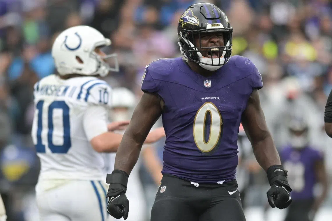FILE PHOTO: Sep 24, 2023; Baltimore, Maryland, USA; Baltimore Ravens linebacker Roquan Smith (0) reacts after a play during the second half  against the Indianapolis Colts at M&T Bank Stadium. Mandatory Credit: Tommy Gilligan-USA TODAY Sports/File Photo