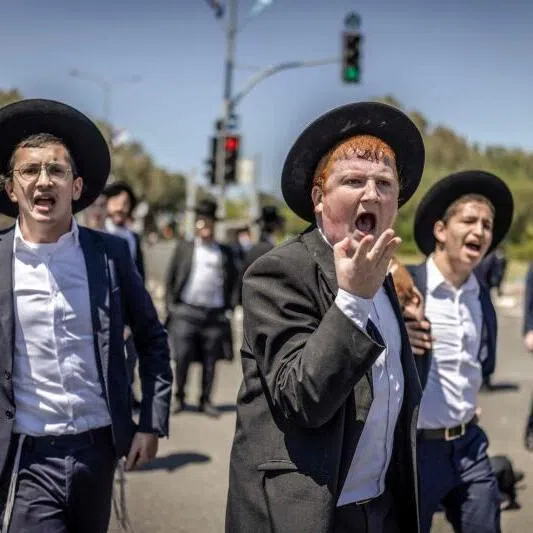 Ultra-Orthodox Jews, who are largely exempt from military service, protesting against conscription in Ramat-Gan, Israel on April 12, 2026.