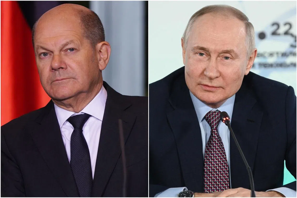 German Chancellor Olaf Scholz (left) spoke to Russian President Vladimir Putin in an hour-long call on Friday.