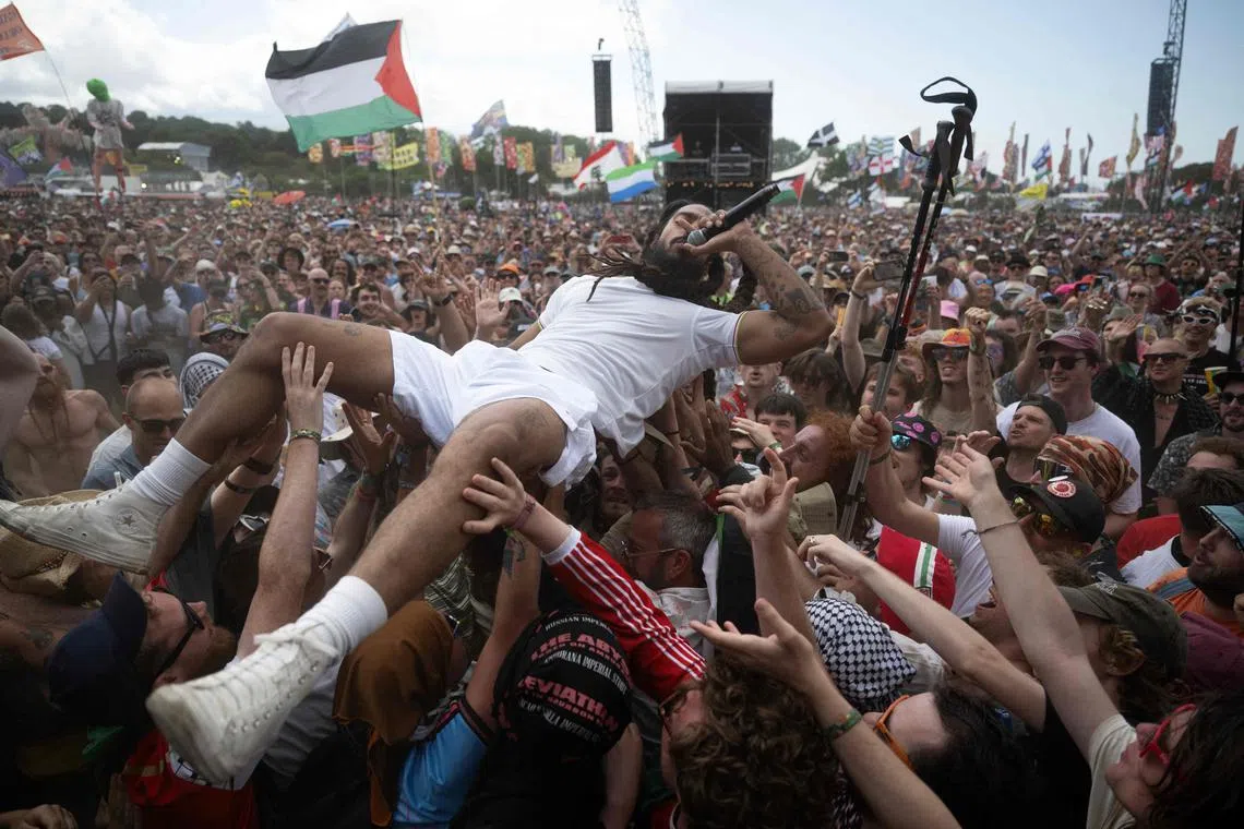 Bobby Vylan of British duo Bob Vylan performing at the Glastonbury festival in Somerset, south-west England, on June 28.