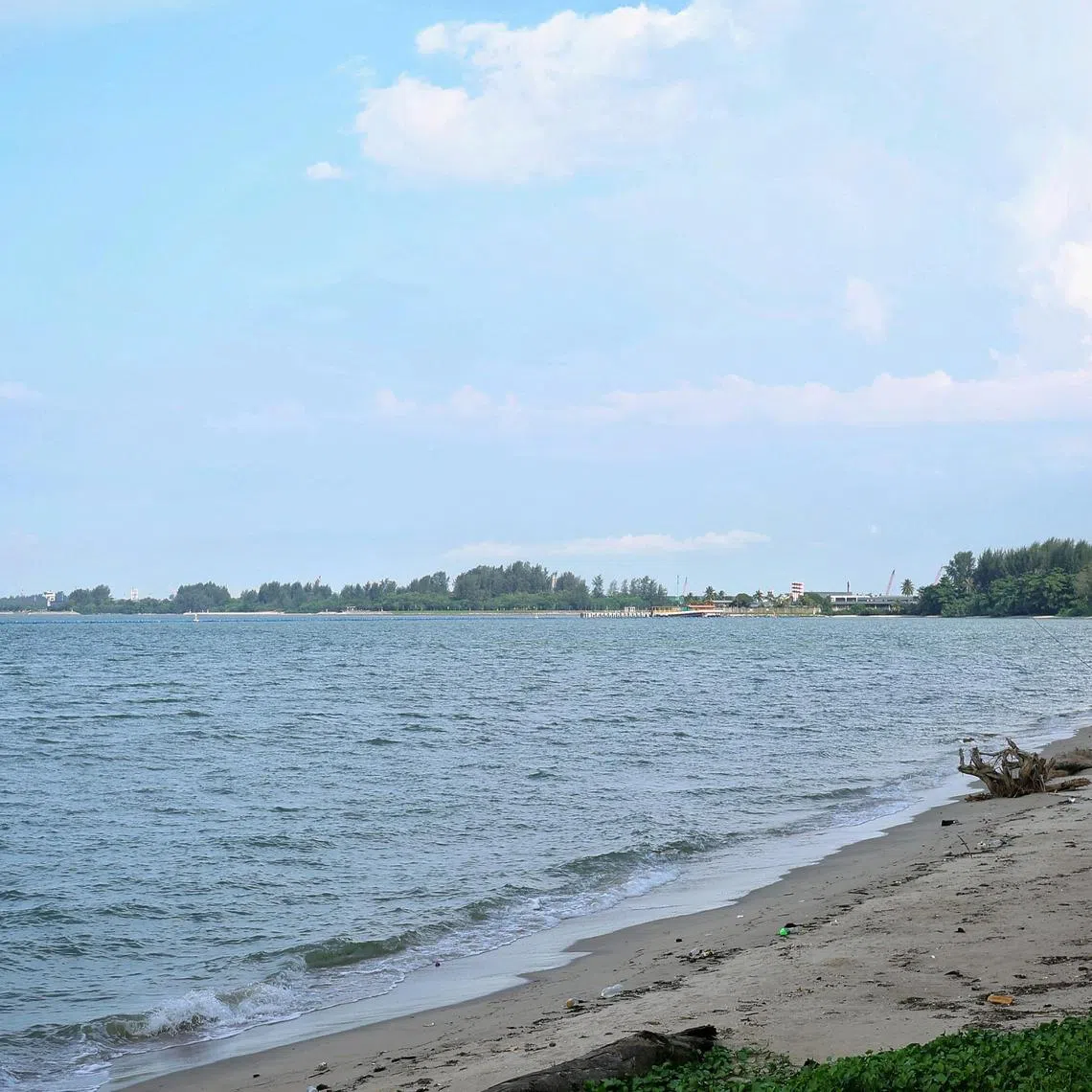 The estimated 193ha of land off Changi (in the distant horizon starting from the shore off Changi Beach carpark 7 on the right to Changi Exhibition Centre on the left), which will be reclaimed for the development of the aviation park, as seen from the coast near Changi Beach carpark 6 on July 3, 2025. slug: aqchangi03