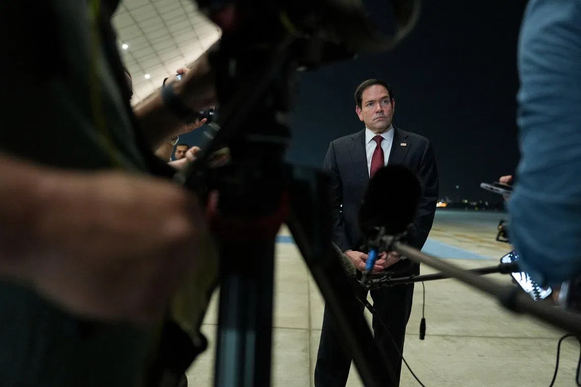 U.S. Secretary of State Marco Rubio speaks to the media upon his arrival at Al Bateen Executive Airport to discuss the interim deal between the U.S. and Iran with Arab Gulf allies, in Abu Dhabi, United Arab Emirates, June 23, 2026. REUTERS/Eric Lee/Pool