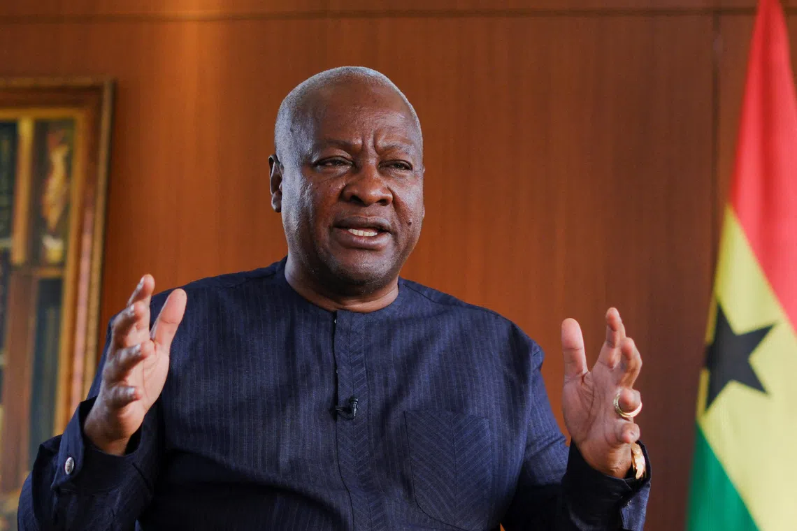 FILE PHOTO: Ghana's President-elect John Dramani Mahama, 66, speaks with Reuters journalists in his office after general elections, in Accra, Ghana, December 13, 2024. REUTERS/Francis Kokoroko/File Photo