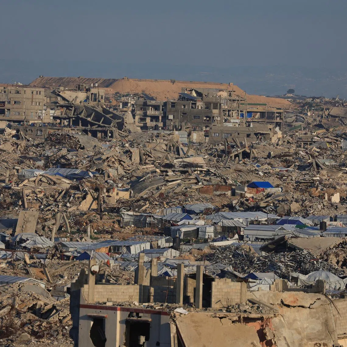 A general view of destroyed houses in areas marked as 'Yellow Line' by the Israeli military, in east of Gaza City, January 16, 2026. REUTERS/Dawoud Abu Alkas