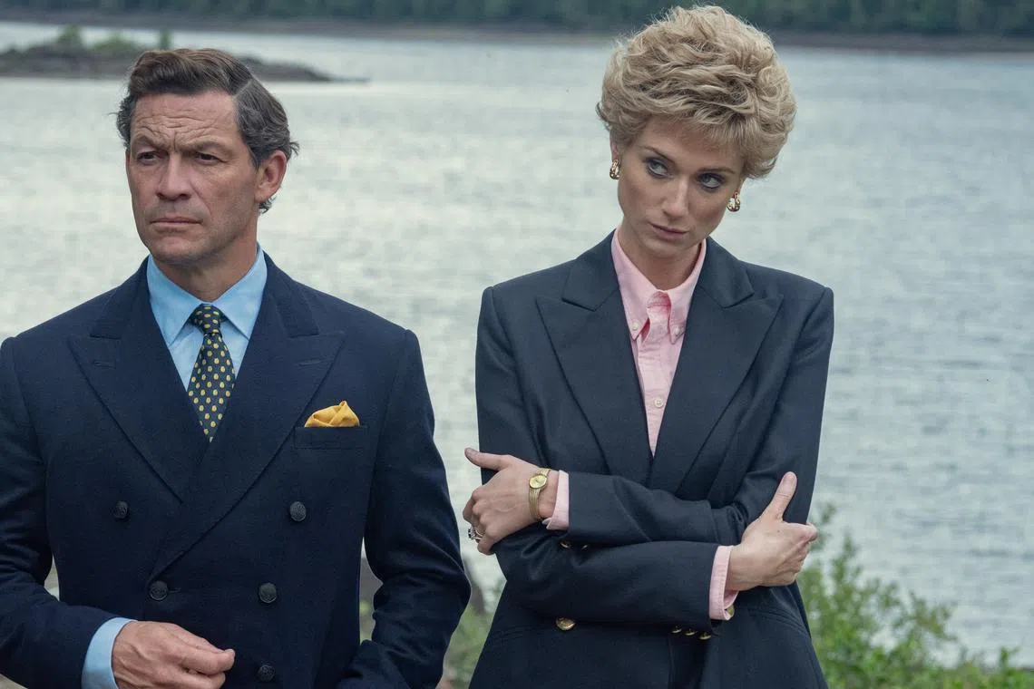 Dominic West (left) and Elizabeth Debicki (right) as Prince Charles, now known as King Charles, and Princess Diana in season five of period royal drama The Crown.