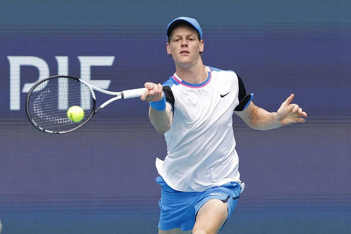 Jannik Sinner hits a forehand against Daniil Medvedev in a men's singles semi-final of the Miami Open on March 29.