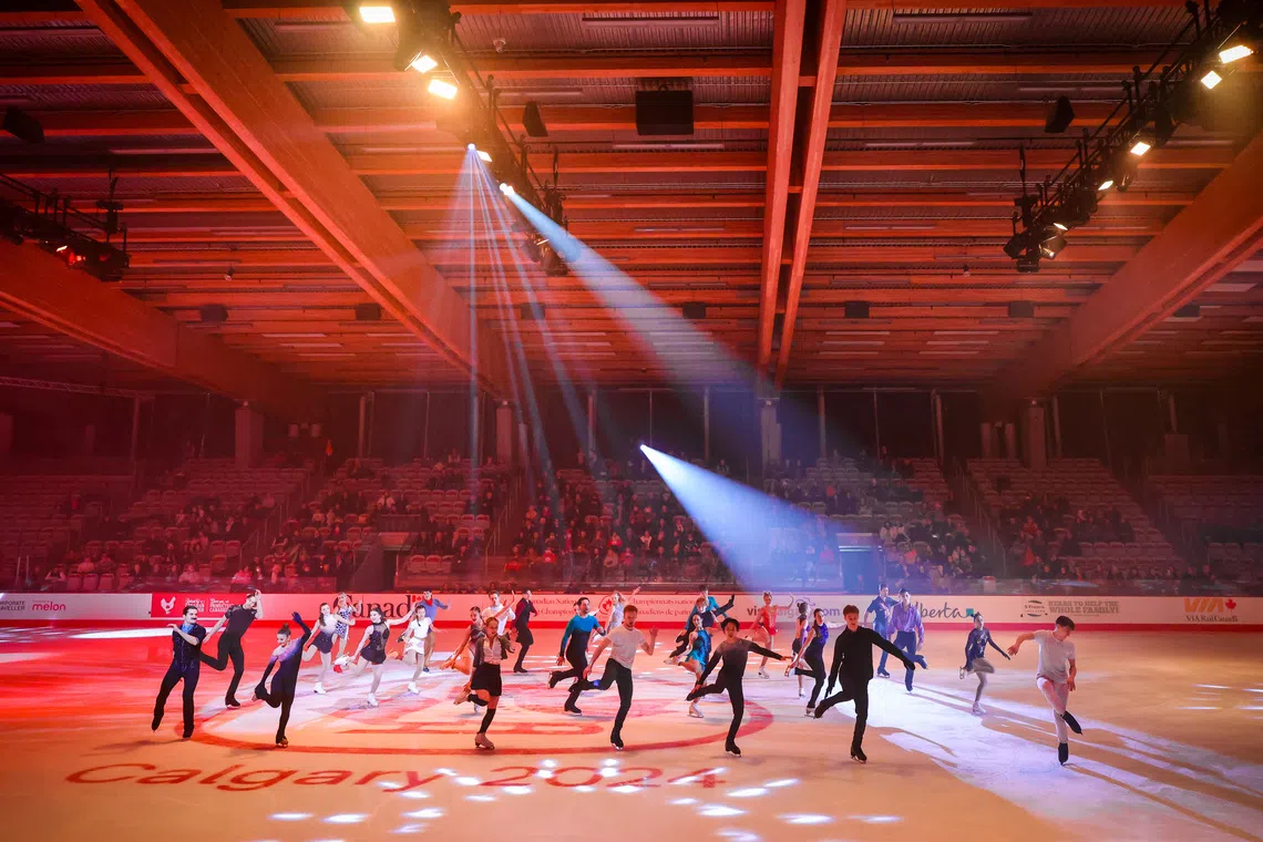 FILE PHOTO: Jan 14, 2024; Calgary, Alberta, CAN; Group Finale performed by all the athletes in Exhibition Gala during the 2024 Canadian National Figure Skating Championships at WinSport Arena. Mandatory Credit: Sergei Belski-USA TODAY Sports/ File Photo