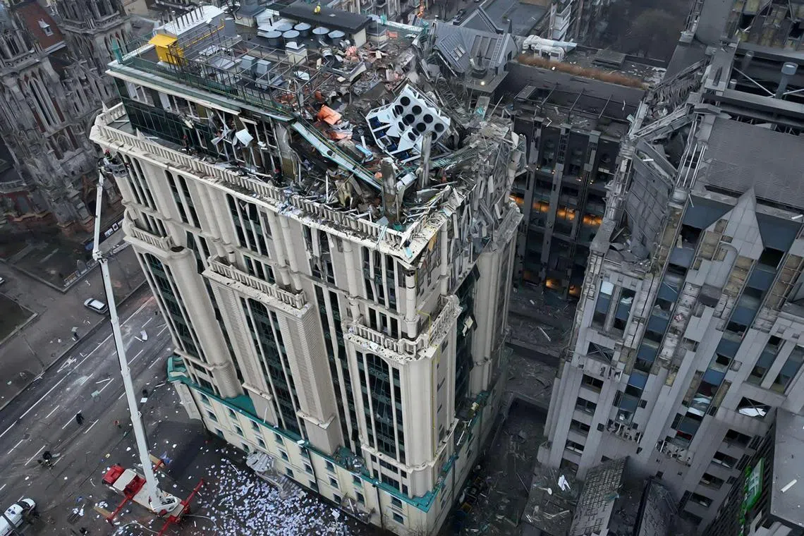 A building damaged as a result of a Russian missile strike in Kyiv, Ukraine. 