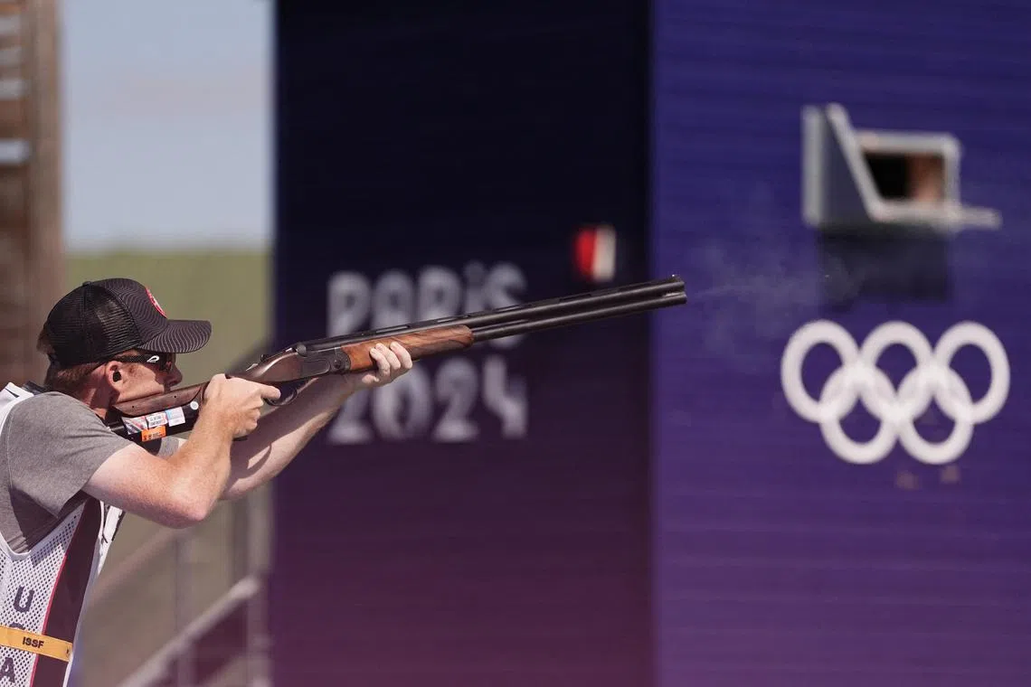 FILE PHOTO: Paris 2024 Olympics - Shooting - Skeet Mixed Team Qualification - Chateauroux Shooting Centre, Deols, France - August 05, 2024. Conner Lynn Prince of United States in action. REUTERS/Amr Alfiky/File Photo