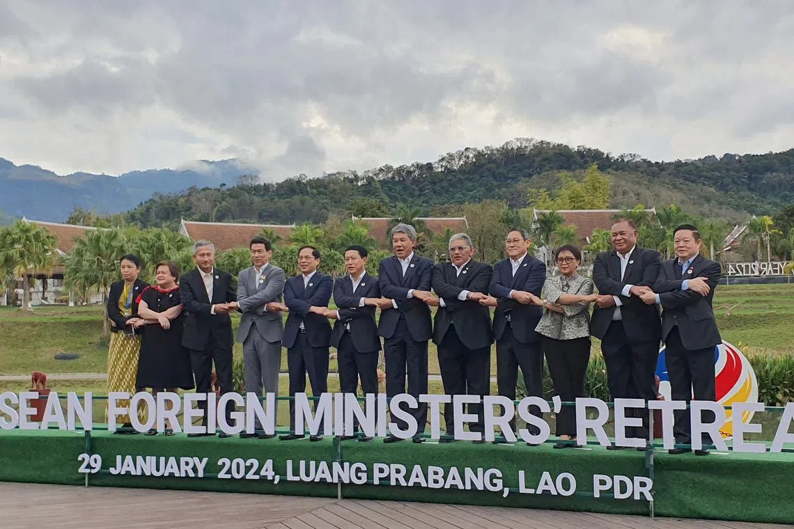 Myanmar's junta sends foreign ministry permanent secretary Marlar Than Htaik (far left) to attend the Asean Foreign Ministers' Retreat in Luang Prabang, Laos.