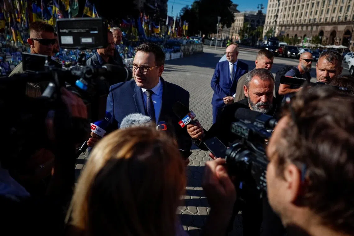 Czech Foreign Minister Jan Lipavsky talking to the media during a visit to Kyiv, Ukraine, in August.