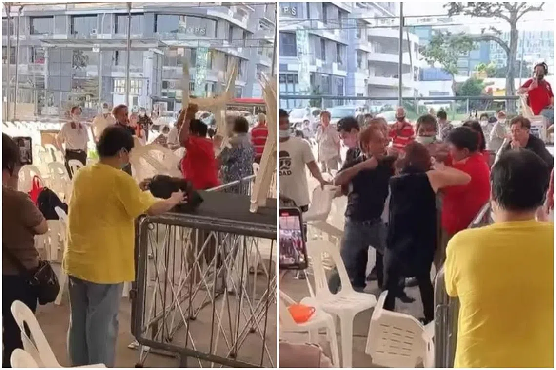 The brawl began allegedly over the reservation of seats at the Lorong Koo Chye Sheng Hong Temple in MacPherson.
