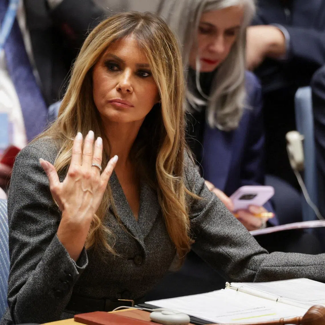 U.S. first lady Melania Trump presides over a United Nations Security Council meeting, at U.N. headquarters in New York City, U.S., March 2, 2026. REUTERS/Jeenah Moon